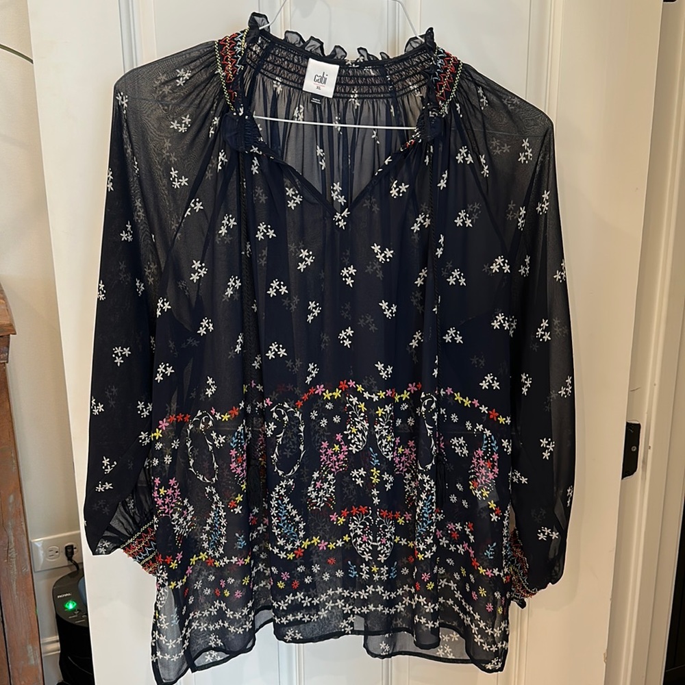 CAbi blouse - Sheer and embroidered neck and sleeves